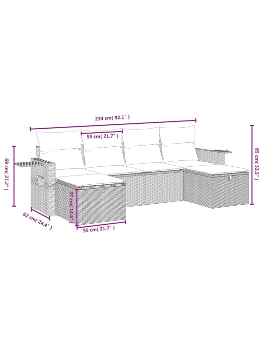 6-osaline aiadiivani komplekt patjadega, hall, polürotang