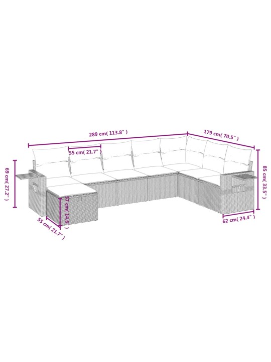 8-osaline aiadiivani komplekt patjadega, hall, polürotang