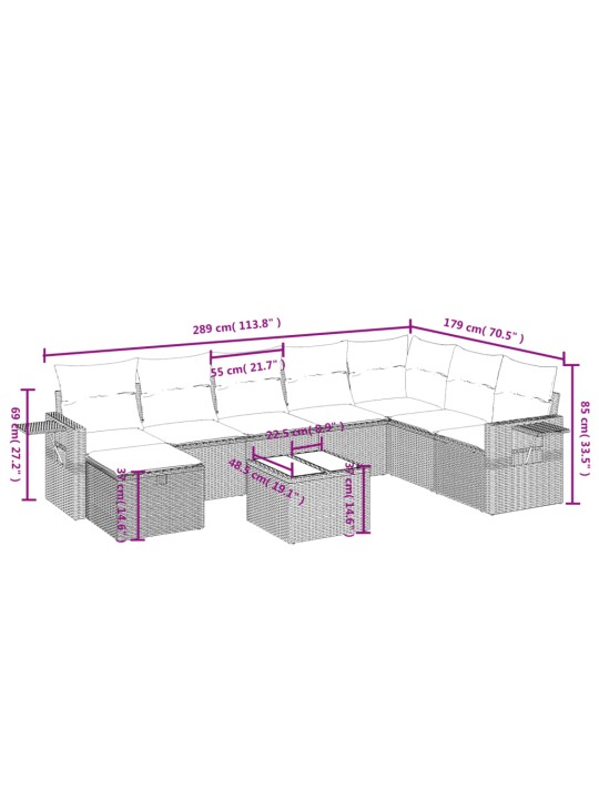 9-osaline aiadiivani komplekt patjadega, hall, polürotang