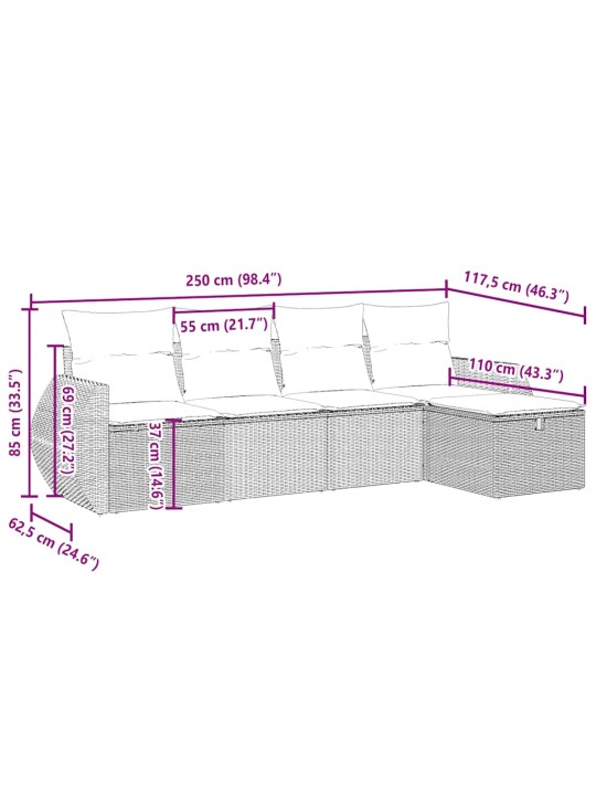 5-osaline aiamööblikomplekt patjadega, helehall, polürotang