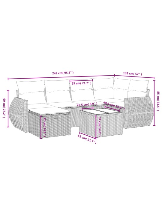 7-osaline aiadiivani komplekt patjadega, hall, polürotang