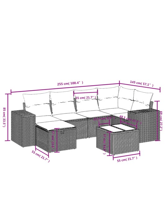 7-osaline aiadiivani komplekt patjadega, hall, polürotang