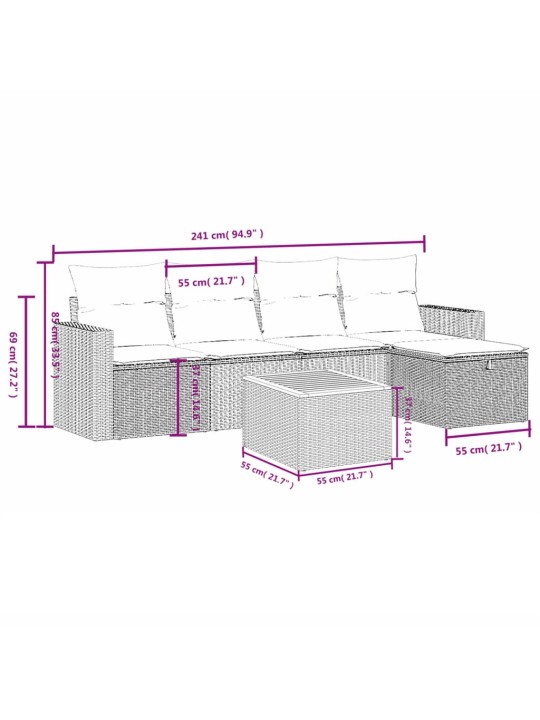 6-osaline aiadiivani komplekt patjadega, hall, polürotang