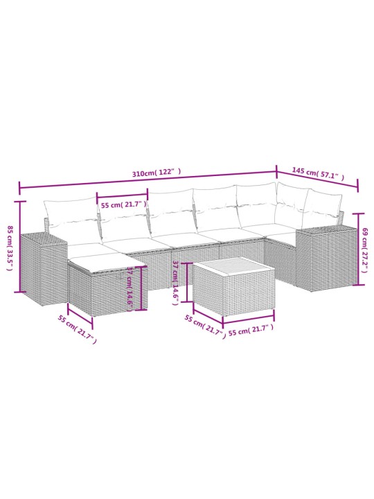 8-osaline aiadiivani komplekt patjadega, hall, polürotang