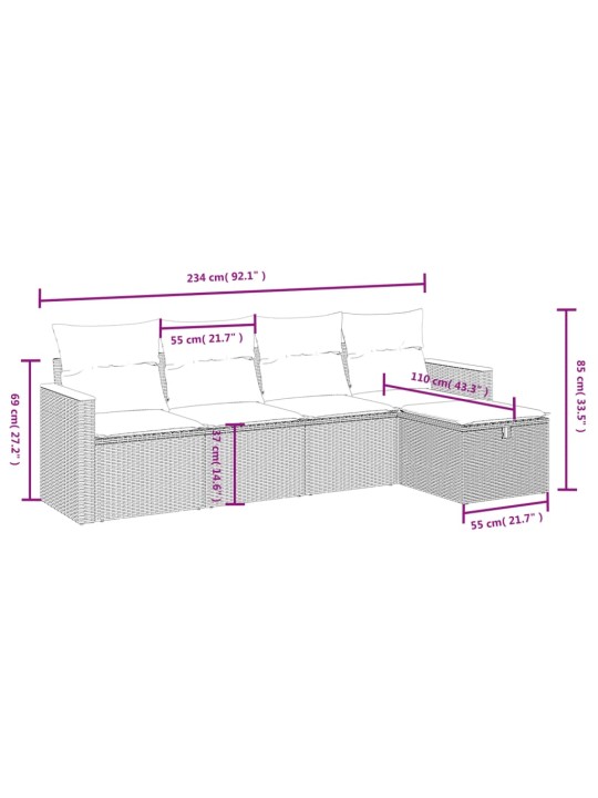 5-osaline aiamööblikomplekt istmepatjadega, polürotang, hall