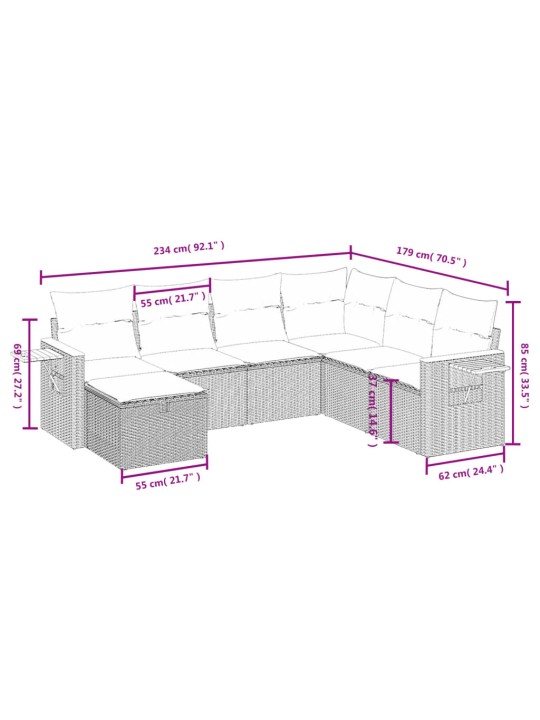 7-osaline aiadiivani komplekt patjadega, hall, polürotang