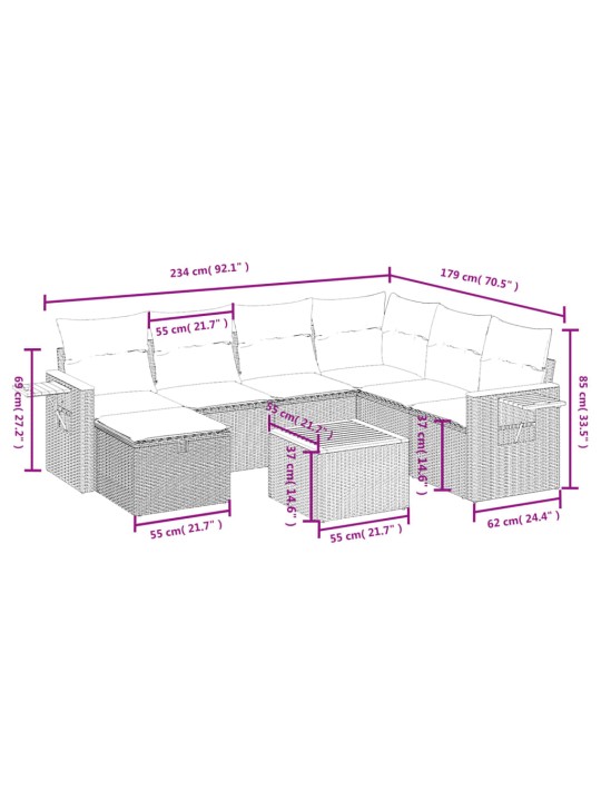 8-osaline aiadiivani komplekt patjadega, hall, polürotang