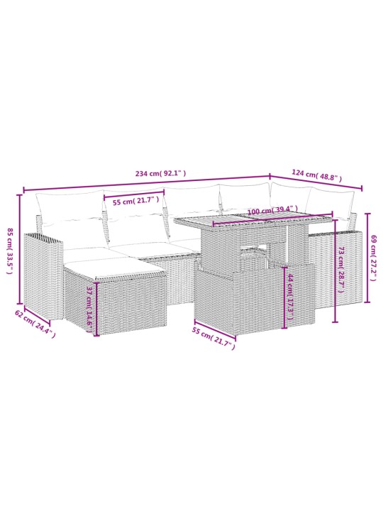 7-osaline aiadiivani komplekt patjadega, hall, polürotang