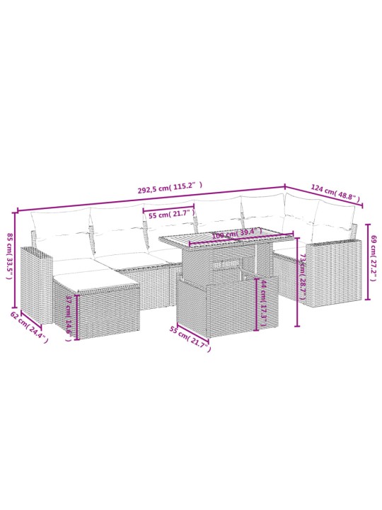 8-osaline aiadiivani komplekt patjadega, hall, polürotang