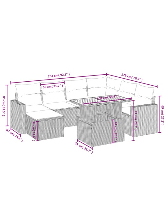 8-osaline aiadiivani komplekt patjadega, hall, polürotang