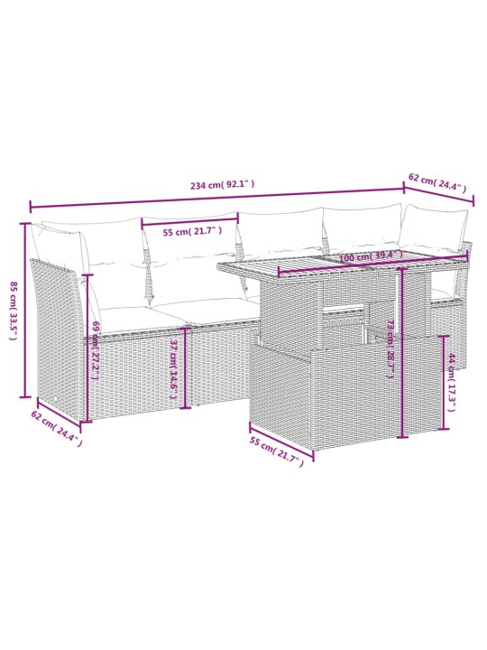 5-osaline aiamööblikomplekt istmepatjadega, polürotang, hall