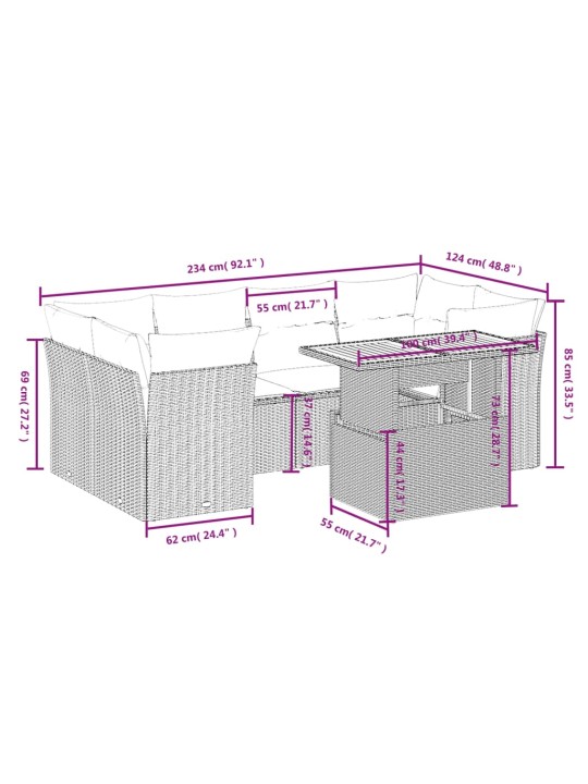 7-osaline aiadiivani komplekt patjadega, hall, polürotang