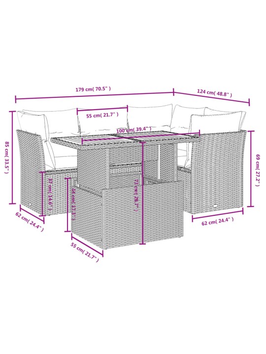 5-osaline aiamööblikomplekt istmepatjadega, polürotang, hall