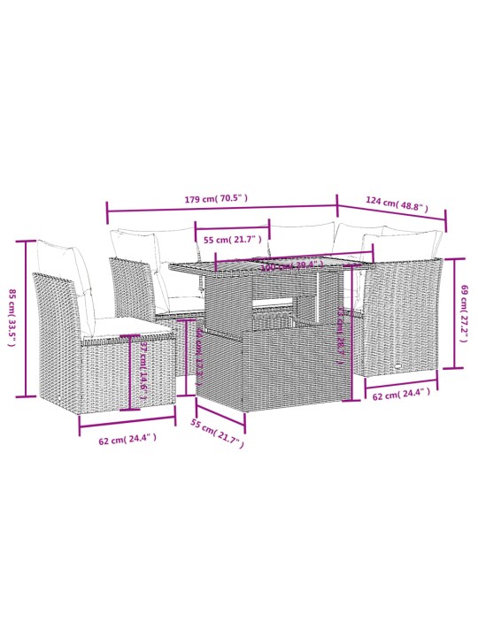 5-osaline aiamööblikomplekt istmepatjadega, polürotang, hall