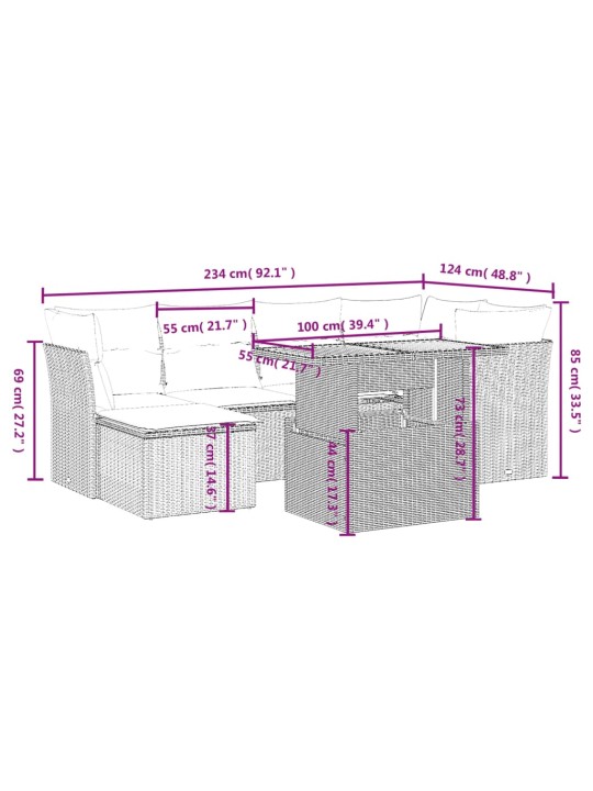 7-osaline aiadiivani komplekt patjadega, hall, polürotang