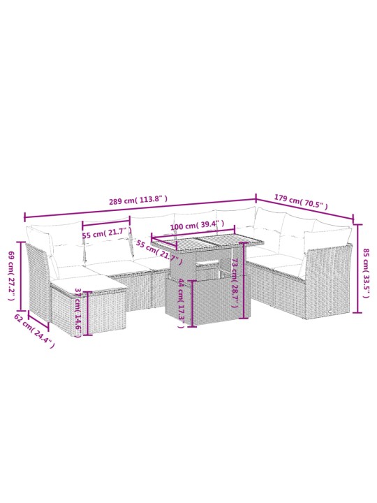 9-osaline aiadiivani komplekt patjadega, hall, polürotang