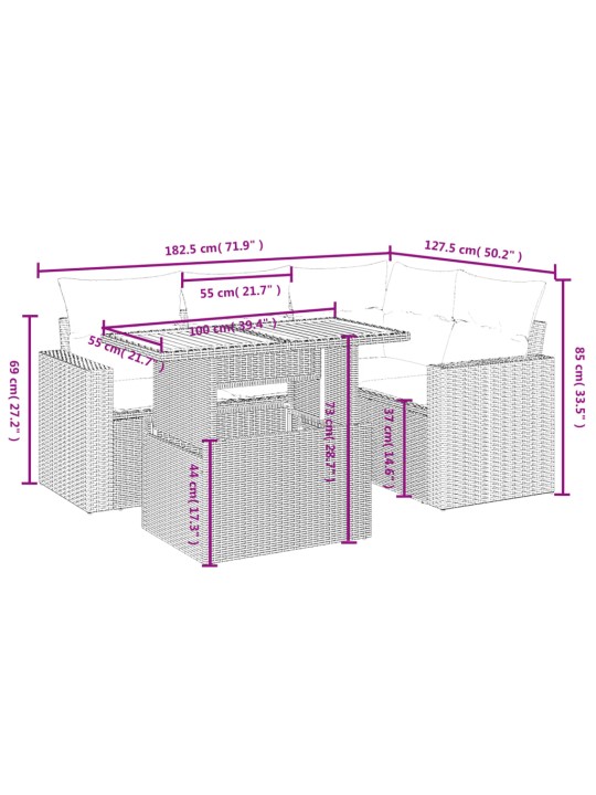 5-osaline aiamööblikomplekt istmepatjadega, polürotang, hall