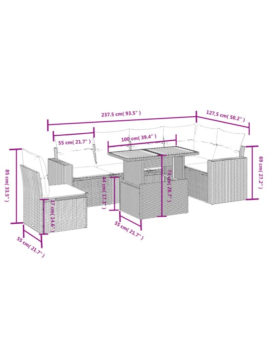 7-osaline aiadiivani komplekt patjadega, must, polürotang