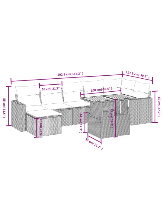 8-osaline aiadiivani komplekt patjadega, hall, polürotang