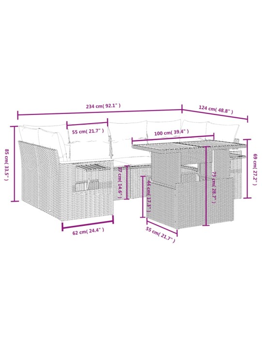 7-osaline aiadiivani komplekt patjadega, hall, polürotang