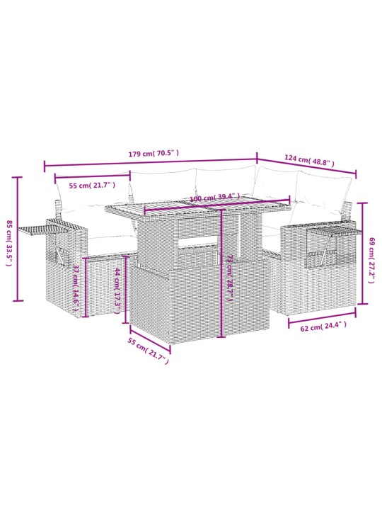 5-osaline aiamööblikomplekt istmepatjadega, polürotang, hall