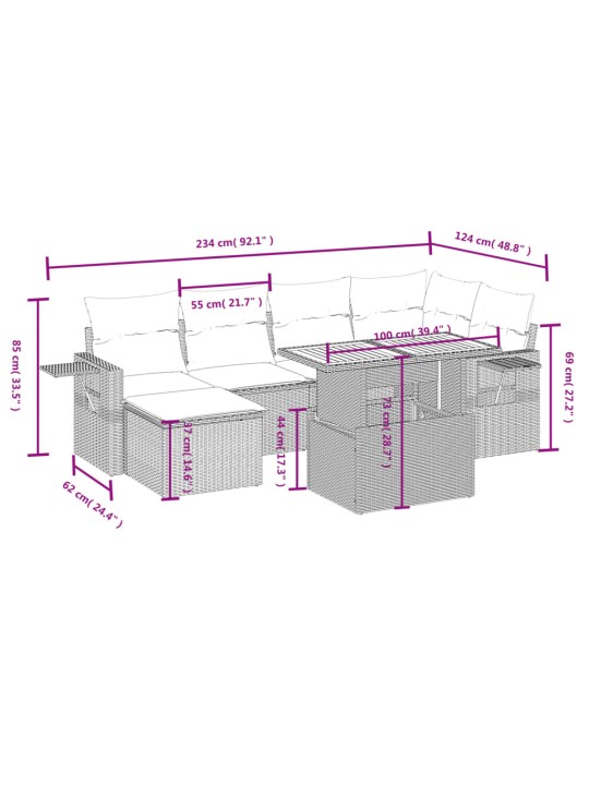 7-osaline aiadiivani komplekt patjadega, hall, polürotang