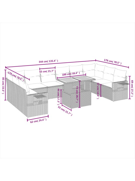 11-osaline aiadiivani komplekt patjadega, hall, polürotang