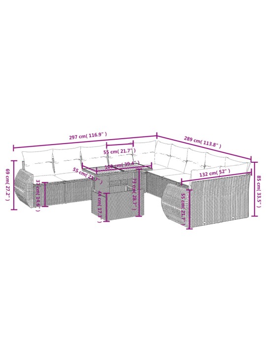 11-osaline aiadiivani komplekt patjadega, hall, polürotang