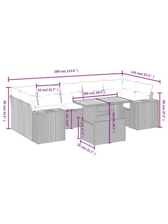 8-osaline aiadiivani komplekt patjadega, hall, polürotang