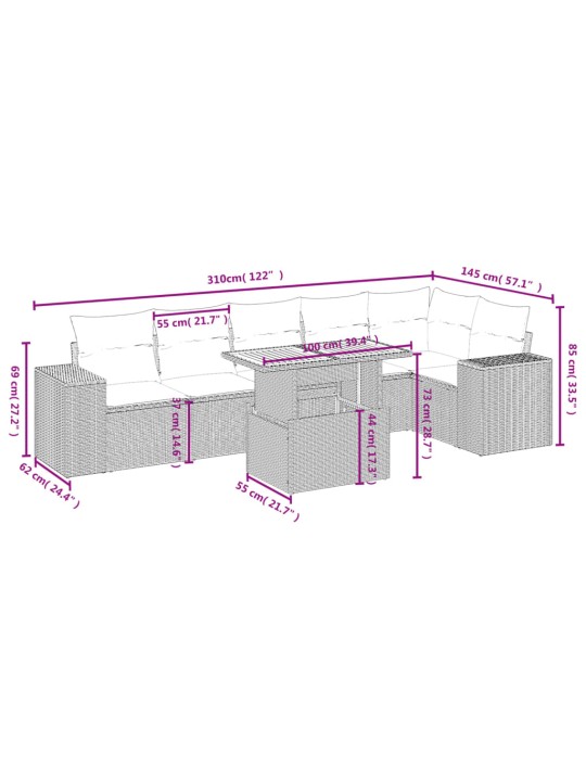 7-osaline aiadiivani komplekt patjadega, hall, polürotang