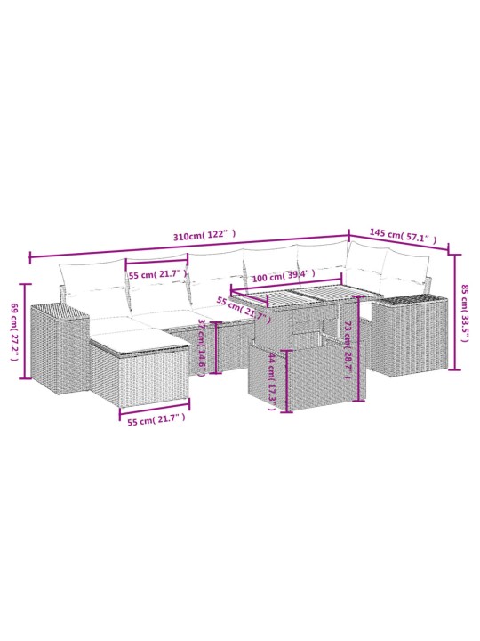 8-osaline aiadiivani komplekt patjadega, hall, polürotang