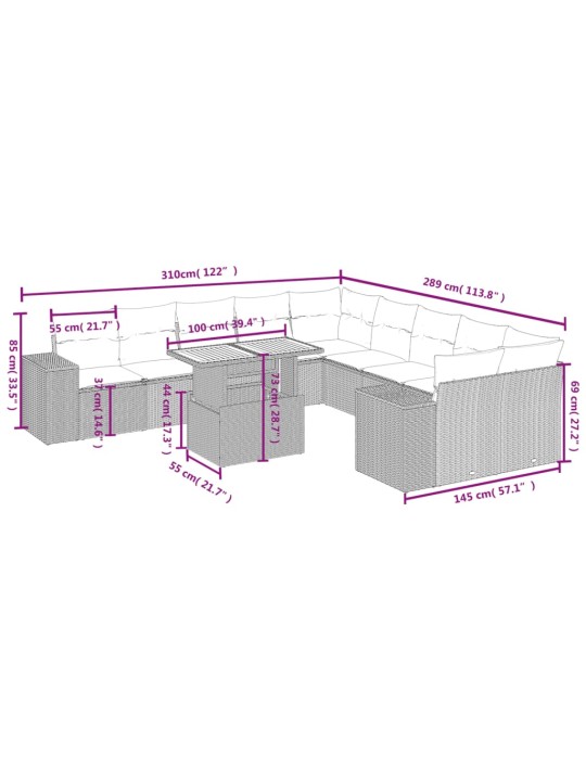 11-osaline aiadiivani komplekt patjadega, hall, polürotang