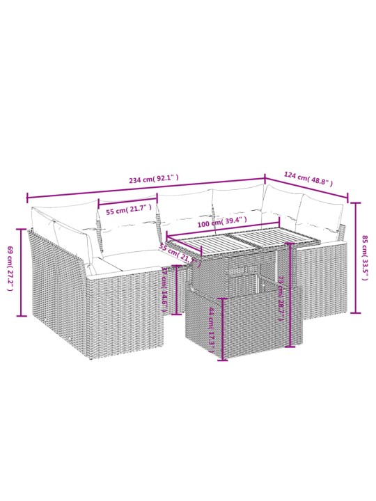 7-osaline aiadiivani komplekt patjadega, hall, polürotang