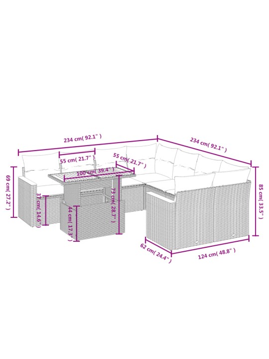 9-osaline aiadiivani komplekt patjadega, hall, polürotang