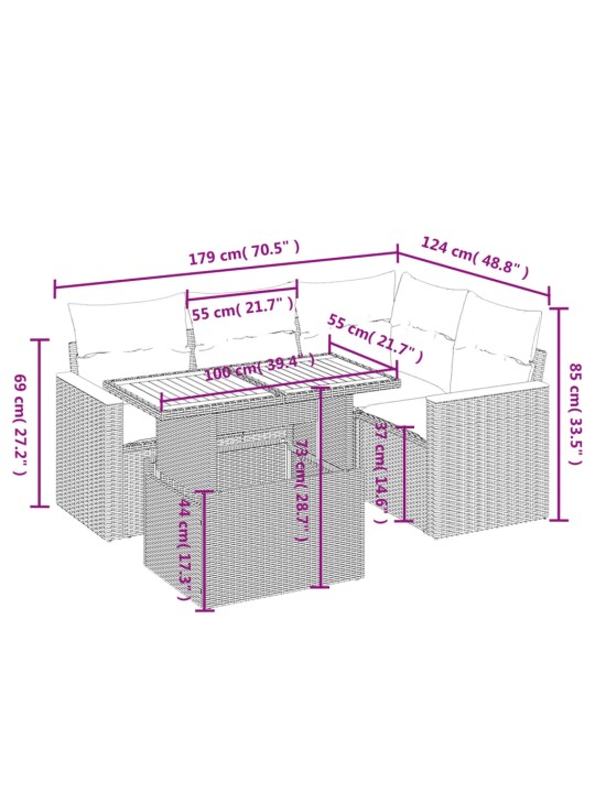 5-osaline aiamööblikomplekt istmepatjadega, polürotang, hall