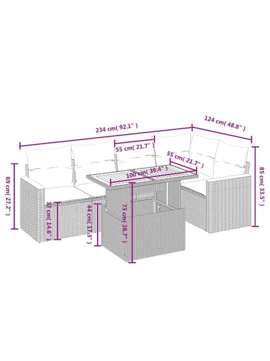 6-osaline aiadiivani komplekt patjadega, hall, polürotang