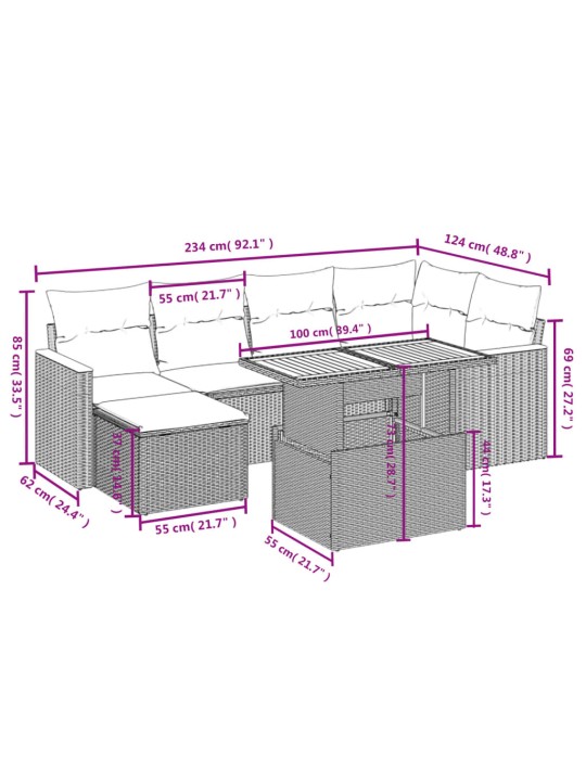 7-osaline aiadiivani komplekt patjadega, hall, polürotang