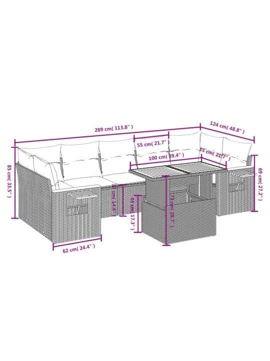 8-osaline aiadiivani komplekt patjadega, hall, polürotang