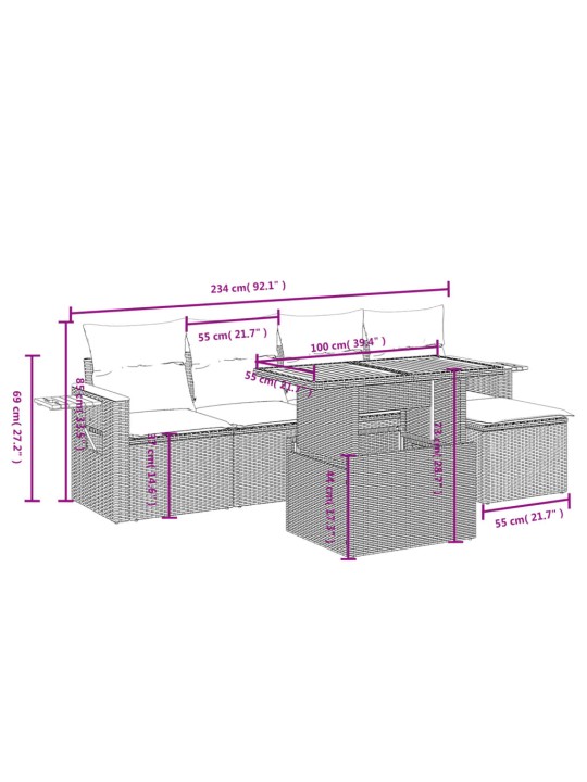 6-osaline aiadiivani komplekt patjadega, hall, polürotang