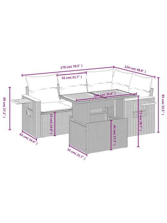 5-osaline aiamööblikomplekt istmepatjadega, polürotang, hall