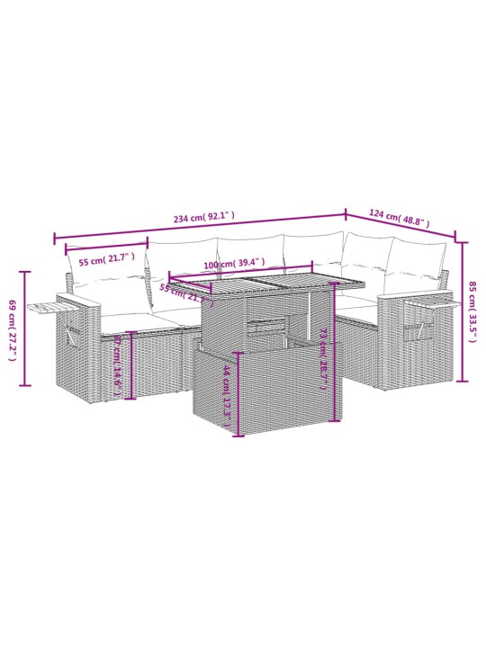 6-osaline aiadiivani komplekt patjadega, hall, polürotang