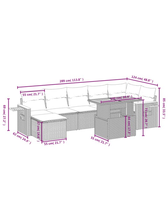 8-osaline aiadiivani komplekt patjadega, hall, polürotang