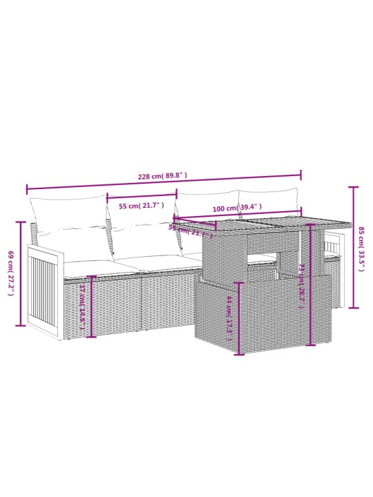 5-osaline aiamööblikomplekt istmepatjadega, polürotang, hall