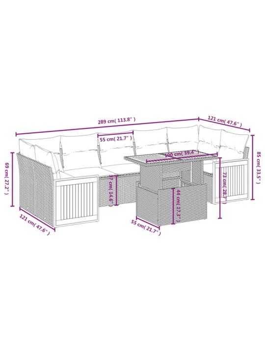 8-osaline aiadiivani komplekt patjadega, hall, polürotang