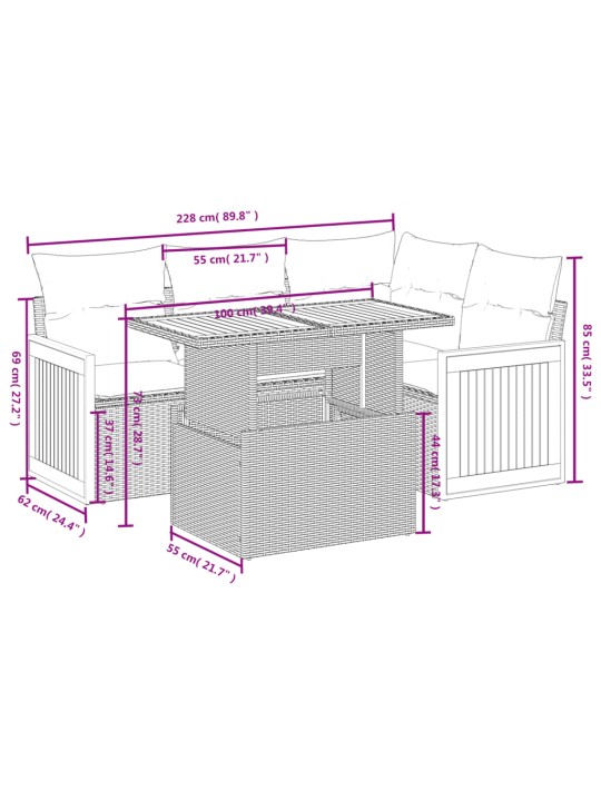 5-osaline aiamööblikomplekt istmepatjadega, polürotang, hall