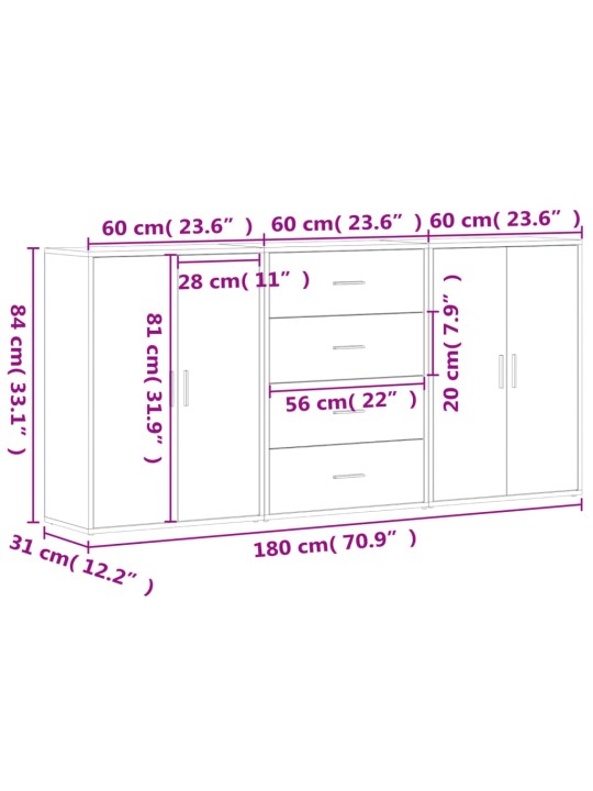 Puhvetkapid 3 tk, betoonhall, 60 x 31 x 84 cm, tehispuit