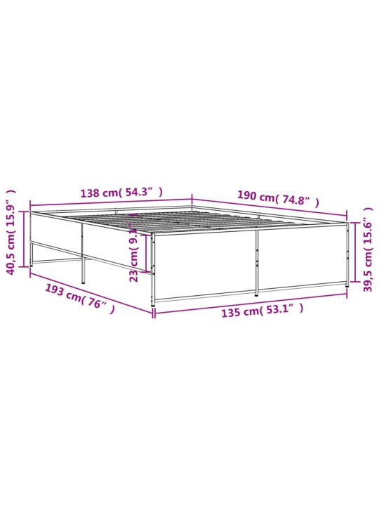 Voodiraam, hall sonoma tamm, 135 x 190 cm, tehispuit ja metall