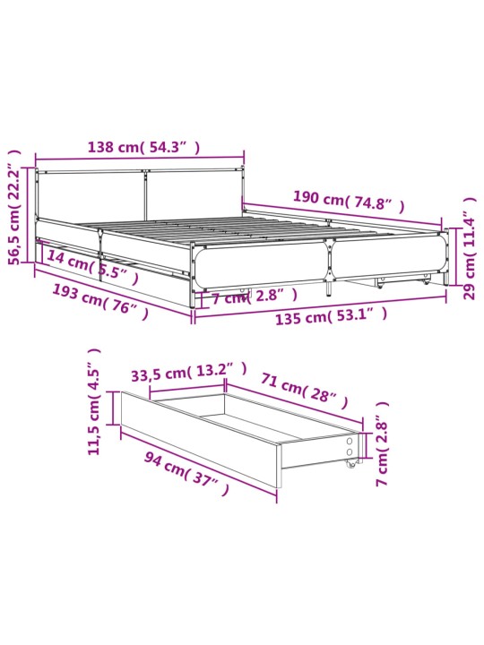 Voodiraam sahtlitega, hall sonoma tamm, 135 x 190 cm, tehispuit