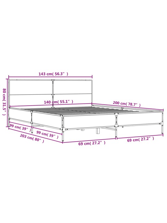 Voodiraam, hall sonoma tamm, 140 x 200 cm, tehispuit ja metall