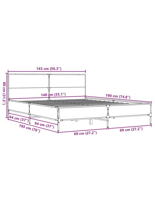 Voodiraam, hall sonoma tamm, 140 x 190 cm, tehispuit ja metall